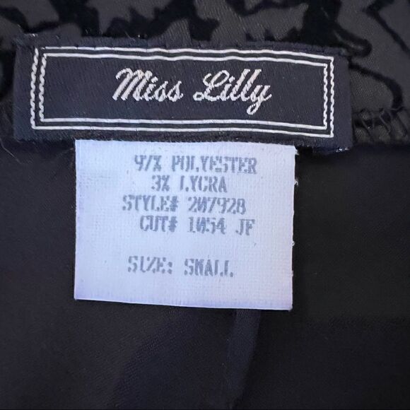 Vintage Miss Lilly Flocked Satin Black Damask A-Line Skirt Small Made in USA - Picture 5 of 6